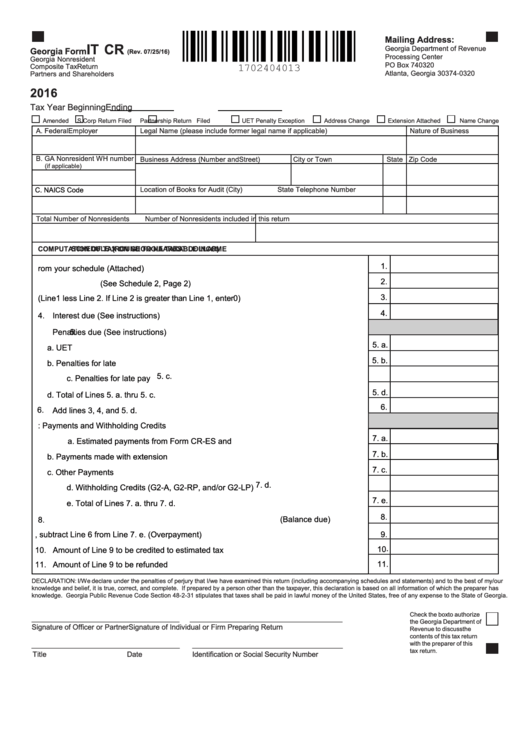 Fillable Georgia Form It Cr - Georgia Nonresident Composite Tax Return - Partners And Shareholders - 2016 Printable pdf