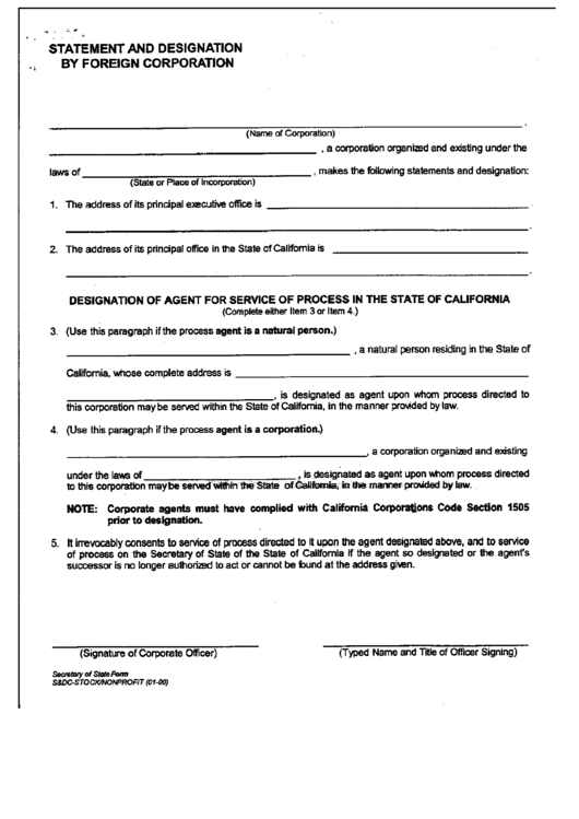 Statement And Designation By Foreign Corporation Form - California Secretary Of State Printable pdf