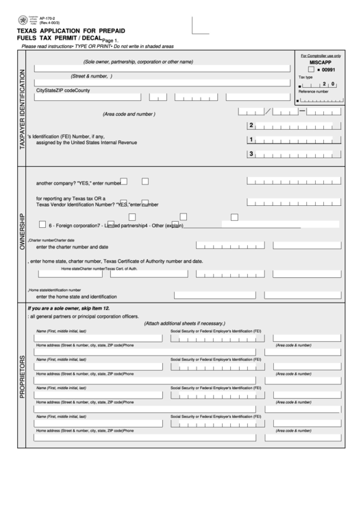 Form Ap-170-2 - Texas Application For Prepaid Fuels Tax Permit/decal Printable pdf