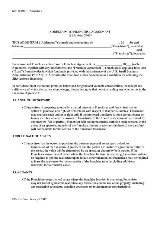 Sba Form 2462 - Addendum To Franchise Agreement Printable pdf