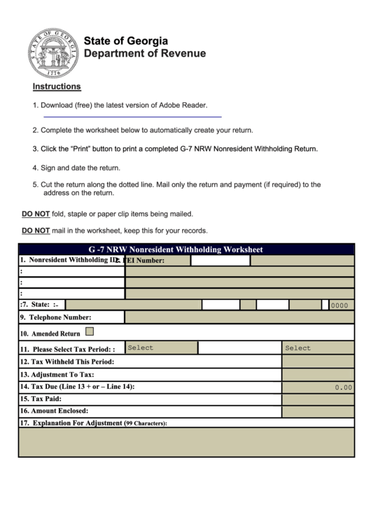 Fillable Form G-7 Nrw - Nonresident Withholding Return - Georgia Department Of Revenue Printable pdf