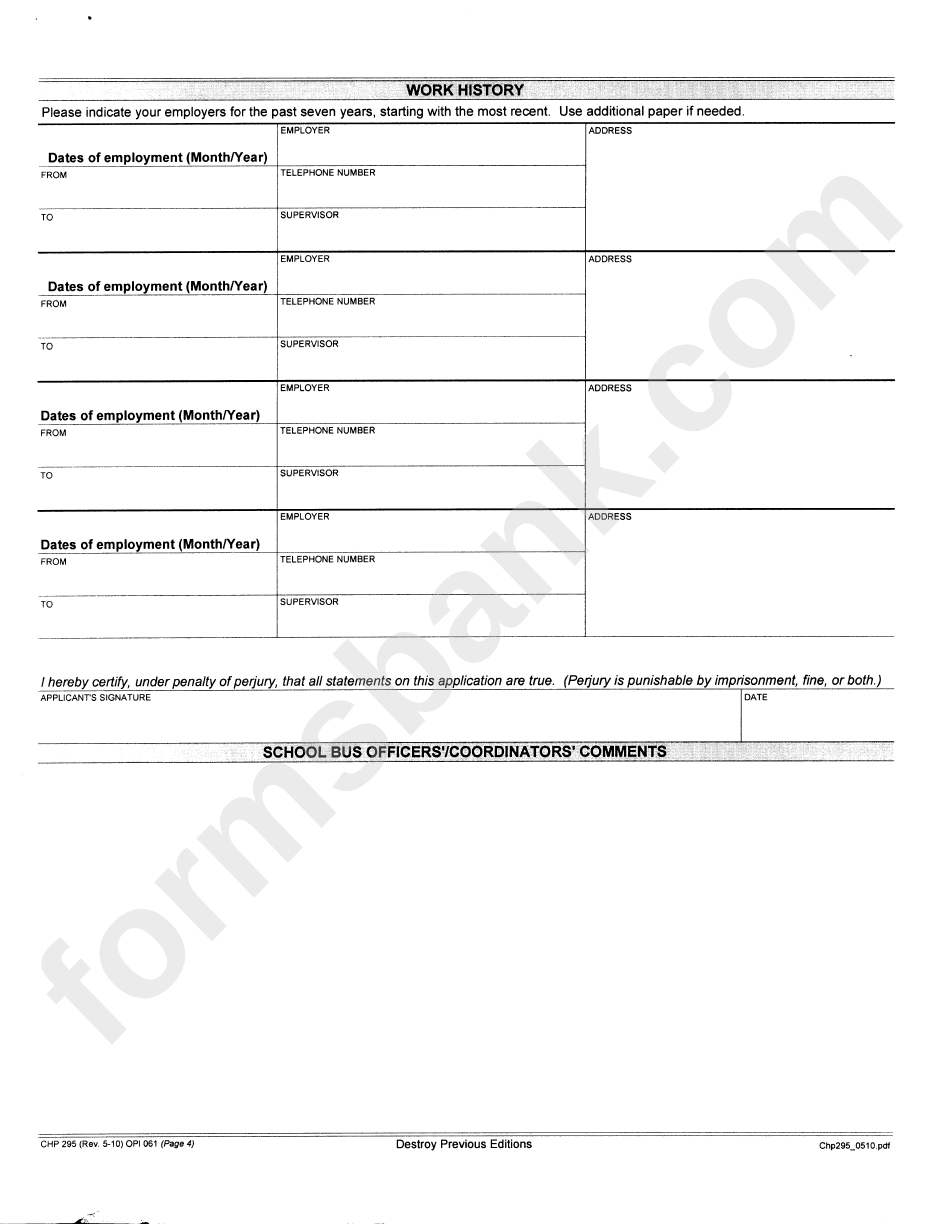 Form Chp 295 - Special Certificate Application