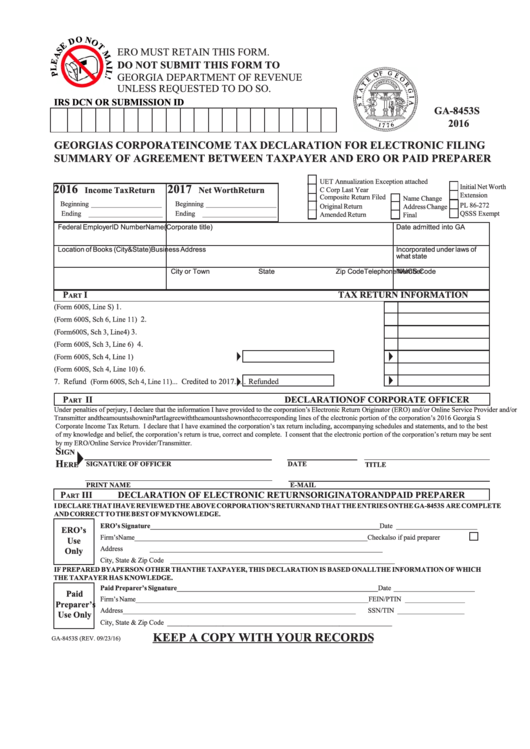 Fillable Form Ga-8453s - Georgia S Corporate Income Tax Declaration For Electronic Filing - Summary Of Agreement Between Taxpayer And Ero Or Paid Prepayer - 2016 Printable pdf