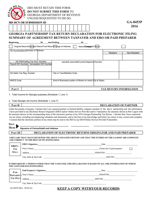 Fillable Form Ga-8453p - Georgia Partnership Tax Return Declaration For Electronic Filing - Summary Of Agreement Between Taxpayer And Ero Or Paid Prepayer - 2016 Printable pdf