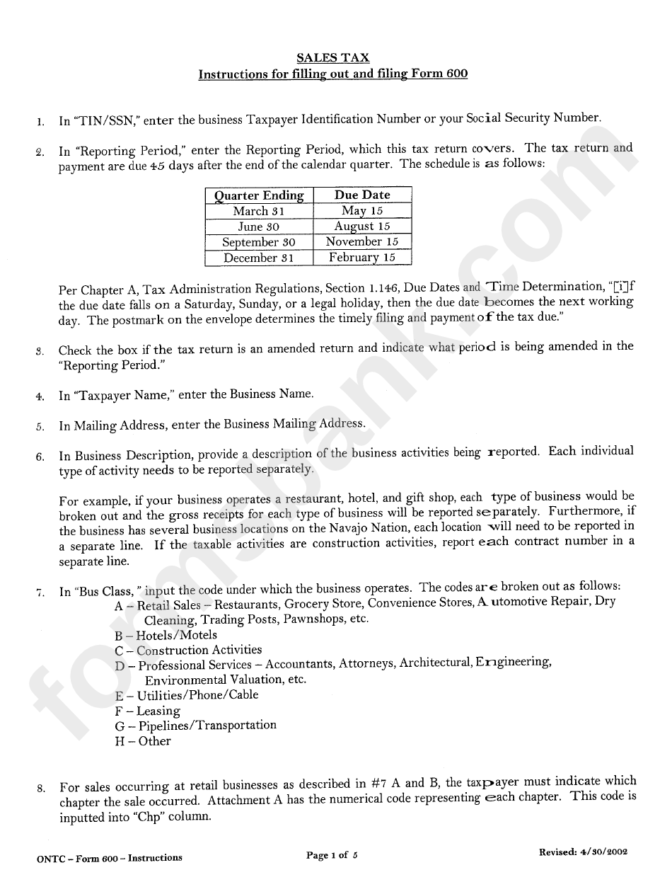 Instructions For Form 600 - Sales Tax Return - Navajo Tax Commission