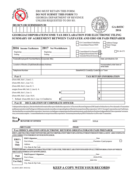 Fillable Form Ga-8453c - Georgia Corporate Income Tax Declaration For Electronic Filing - Summary Of Agreement Between Taxpayer And Ero Or Paid Prepayer - 2016 Printable pdf