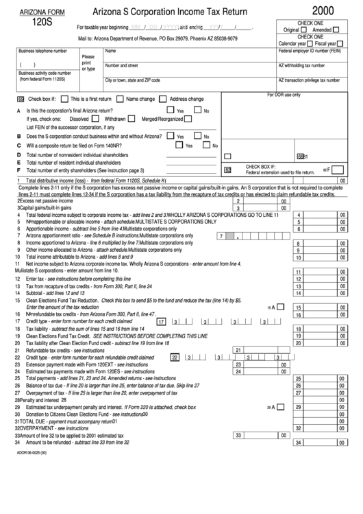 Arizona Form 120s - Arizona S Corporation Income Tax Return - 2000 Printable pdf