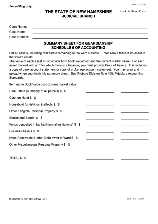 Form Nhjb-2943-pe - Summary Sheet For Guardianship Schedule 6 Of Accounting