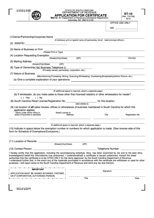 Form St-10 - Application For Certificate - South Carolina Department Of Revenue Printable pdf