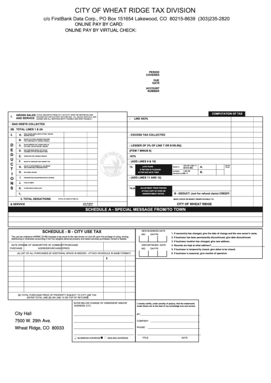 Computation Of Tax Form - City Of Wheat Ridge Tax Division Printable pdf