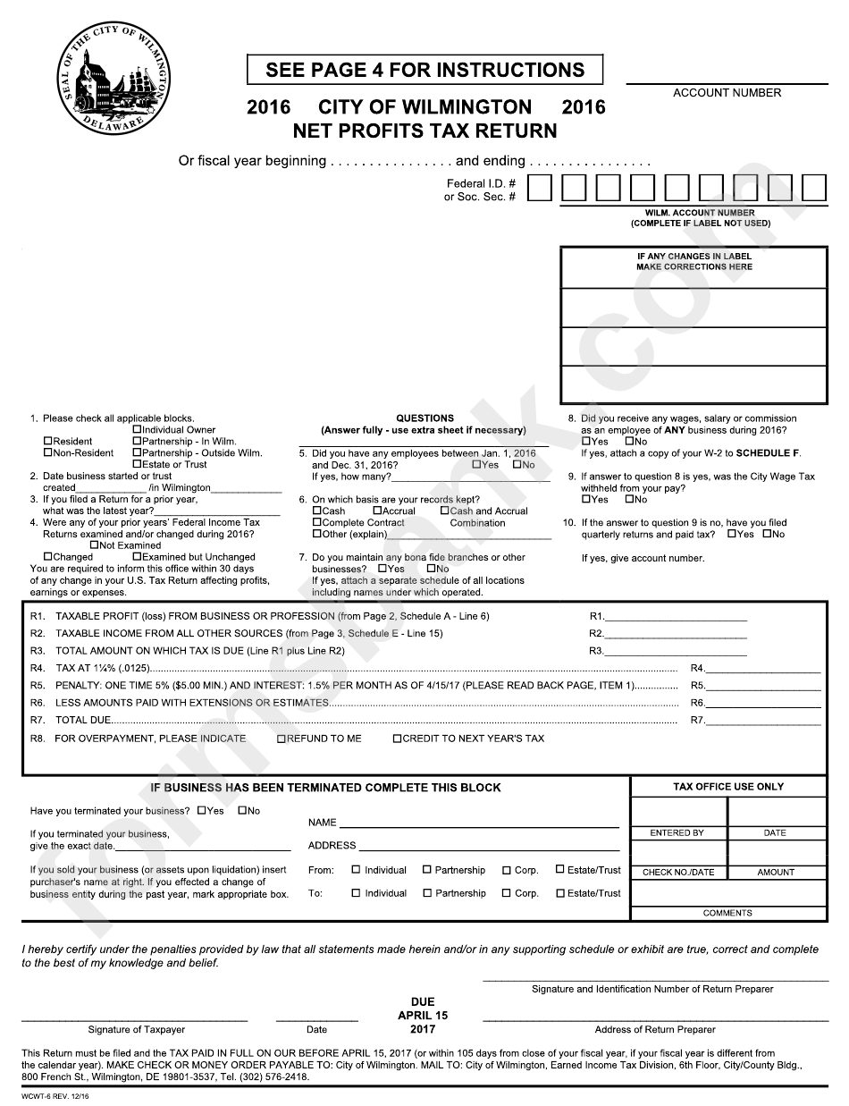 Form Wcwt-6 - City Of Wilmington Net Profits Tax Return - 2016