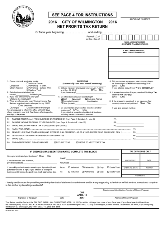 Form Wcwt-6 - City Of Wilmington Net Profits Tax Return - 2016 Printable pdf