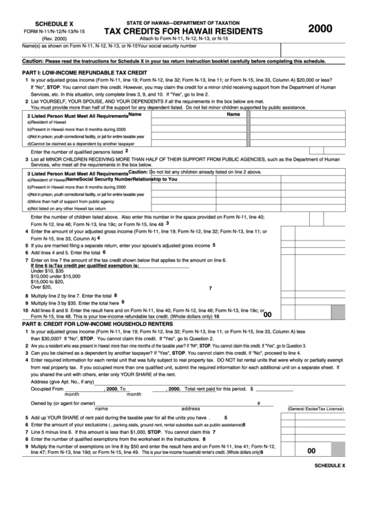 Shedule X (Form N-11/n-12/n-13/n-15) - Tax Credits For Hawaii Residents - 2000 Printable pdf