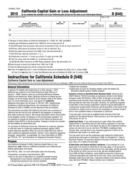 Schedule D (540) - California Capital Gain Or Loss Adjustment - 2010 Printable pdf