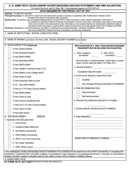 Fillable Cc Form 167R U. S. Army Rotc Scholarship Acceptance