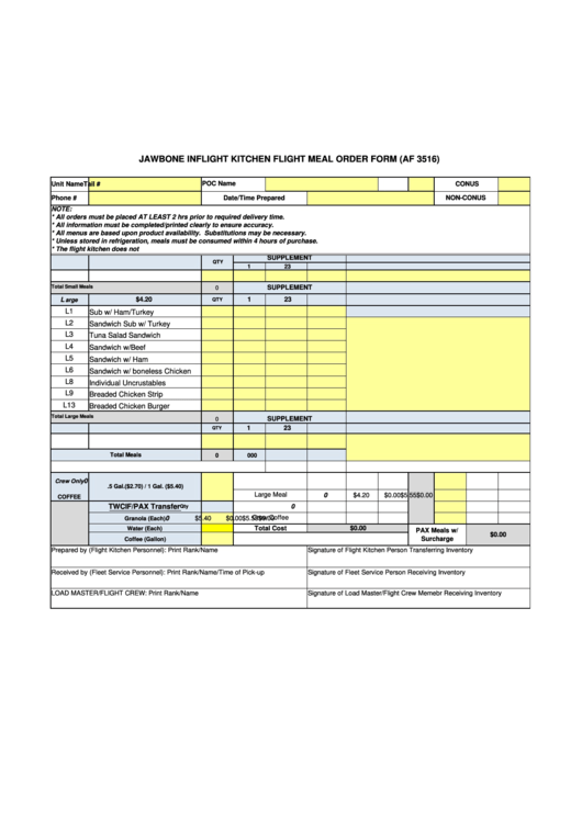Form Af 3516 - Jawbone Inflight Kitchen Flight Meal Order Form Printable pdf