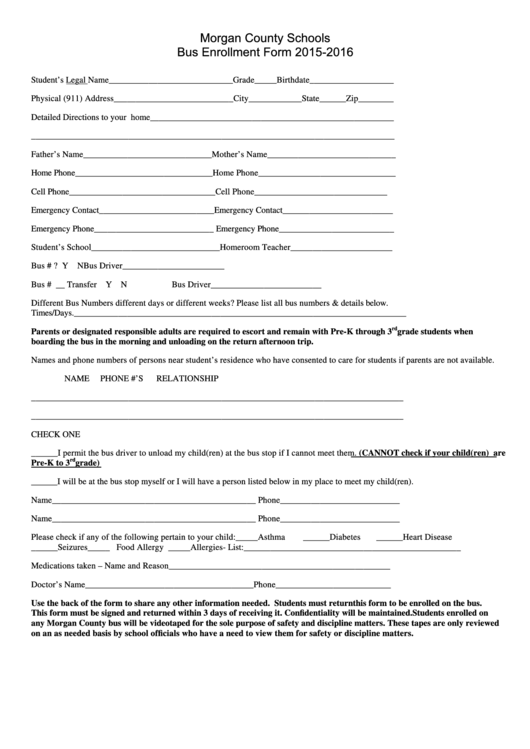 Fillable Bus Enrollment Form 2015-2016 - Morgan County Schools Printable pdf