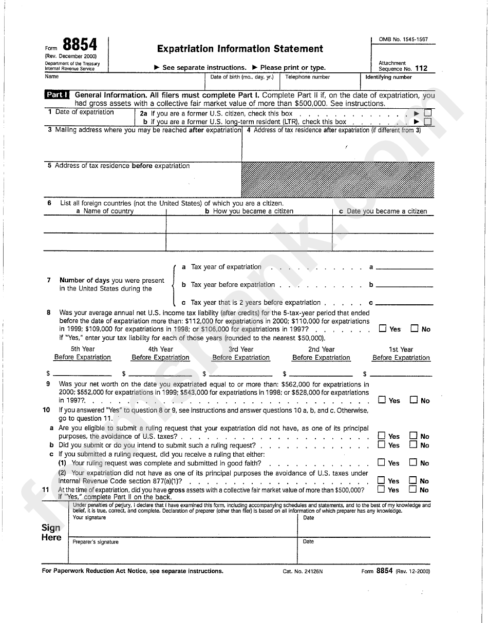 Form 8854 - Expatriation Information Statement
