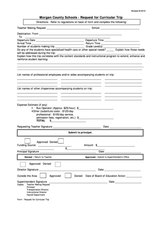 Fillable Request For Curricular Trip - Morgan County Schools Printable pdf