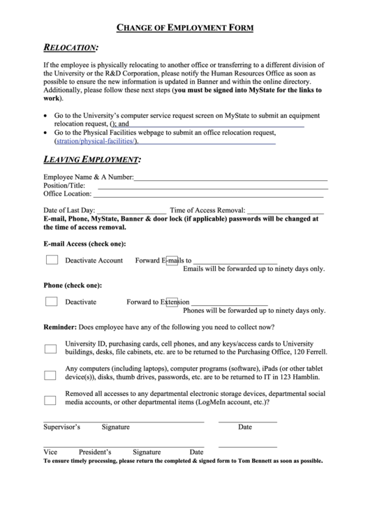 Fillable Employee Employment Change Form - Human Resources Office Printable pdf
