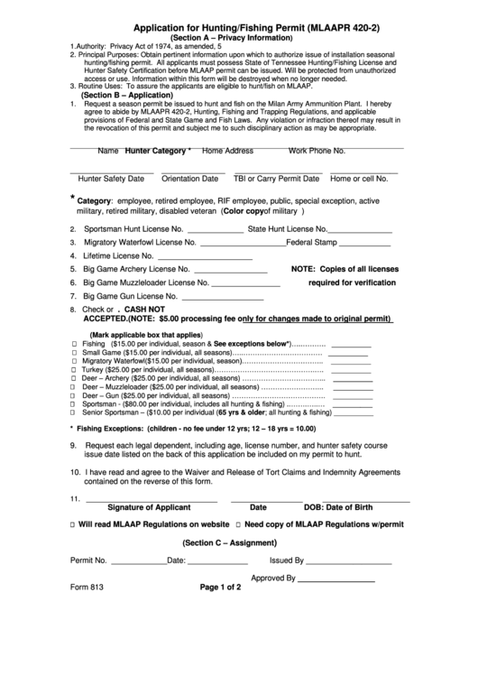 Form 813 - Application For Hunting/fishing Permit - Milan Army Ammunition Plant Printable pdf