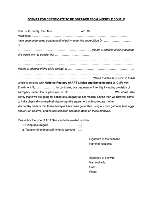 Format For Certificate To Be Obtained From Infertile Couple Printable pdf