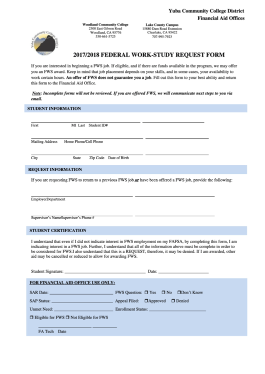 Federal Work-study Request Form - Yuba Community College District - 2017/2018