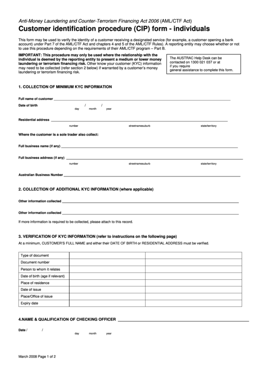 Customer Identification Pprocedure (Cip) Form - Individuals - Anti-Money Laundering And Counter-Terrorism Financing Act Printable pdf