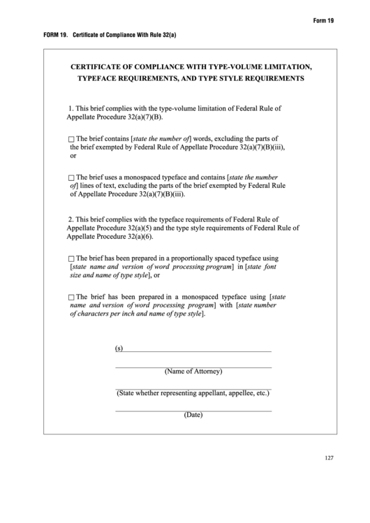 Fillable Form 19 - Certificate Of Compliance With Type-Volume Limitation, Typeface Requirements, And Type Style Requirements Printable pdf