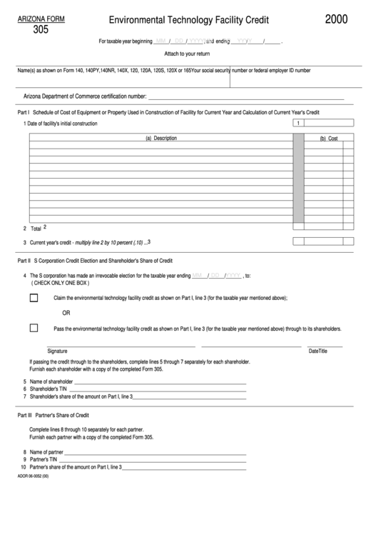 Arizona Form 305 - Environmental Technology Facility Credit - 2000 Printable pdf