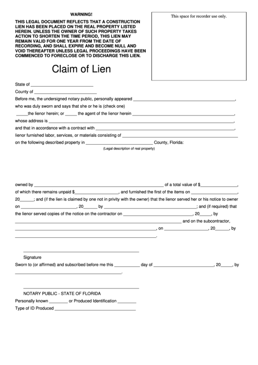 Fillable Claim Of Lien - State Of Florida Printable pdf