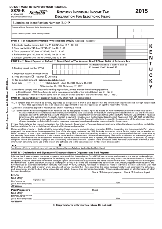 Form 8879-K - Kentucky Individual Income Tax Declaration For Electronic Filing - 2015 Printable pdf