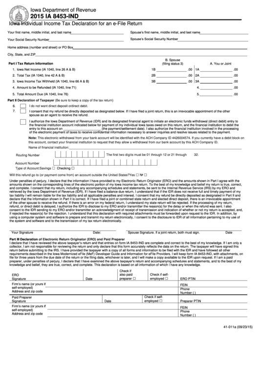 Form Ia 8453-Ind - Iowa Individual Income Tax Declaration For An E-File Return - 2015 Printable pdf