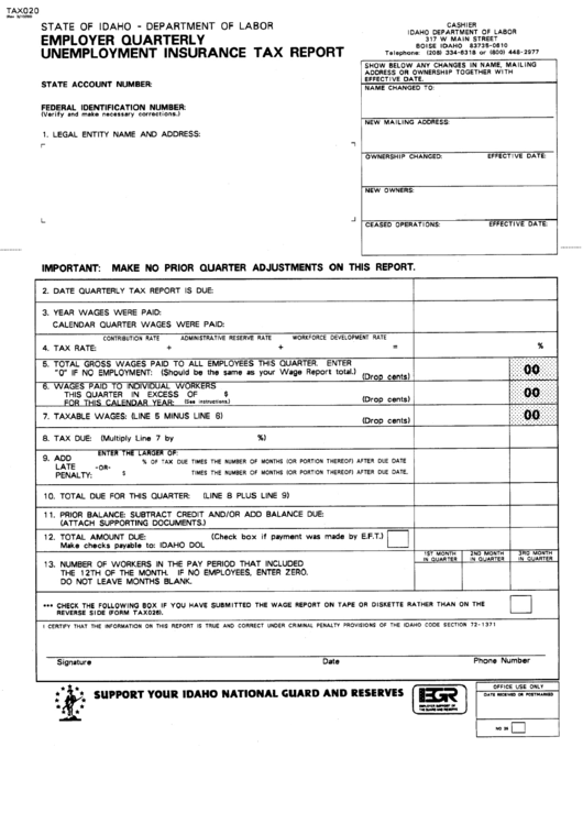 Form Tax020 - Employer Quarterly Unemployment Insurance Tax Report Printable pdf