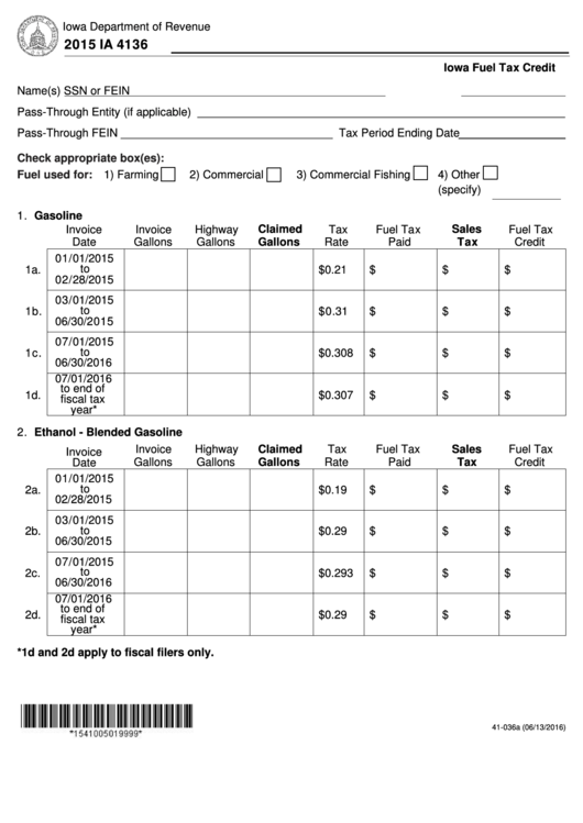Fillable Form Ia 4136 - Iowa Fuel Tax Credit - 2015 Printable pdf