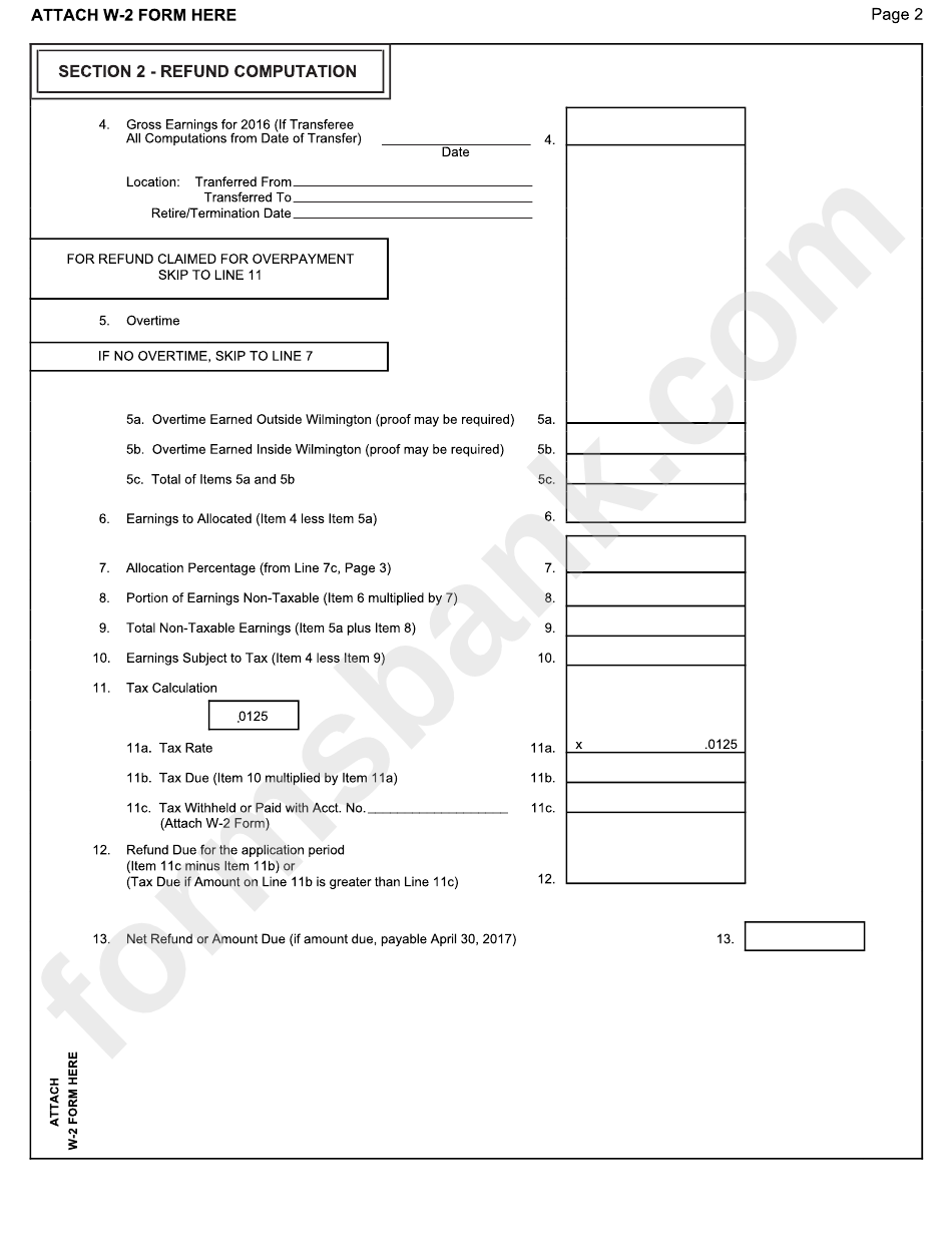 Form Wcwt-5 - Application For Refund Of Wilmington City Wage Tax - 2016