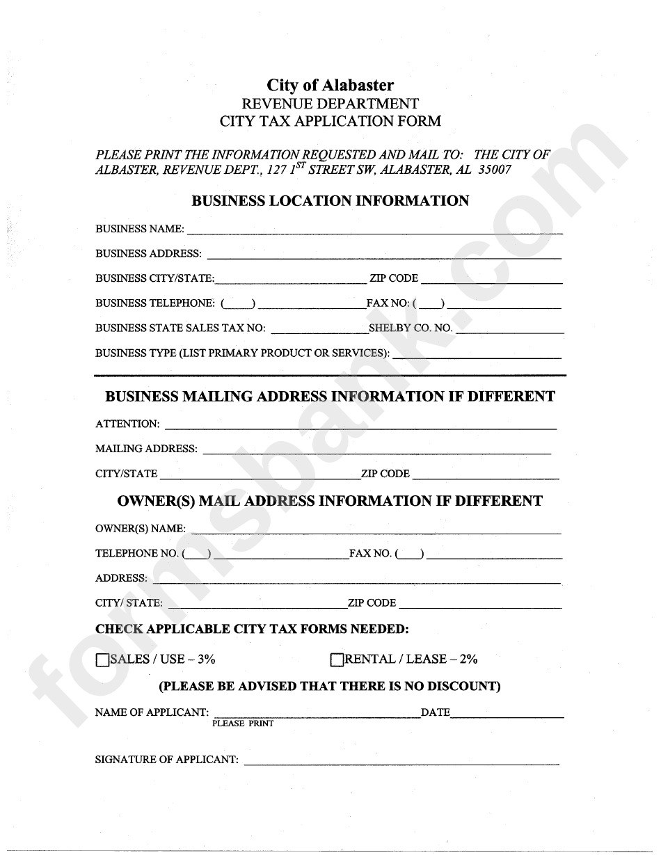 Alabaster City Tax Application Form