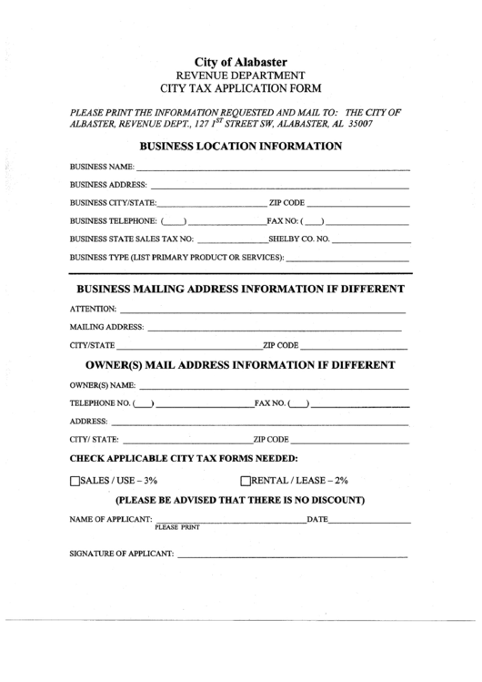Alabaster City Tax Application Form Printable pdf