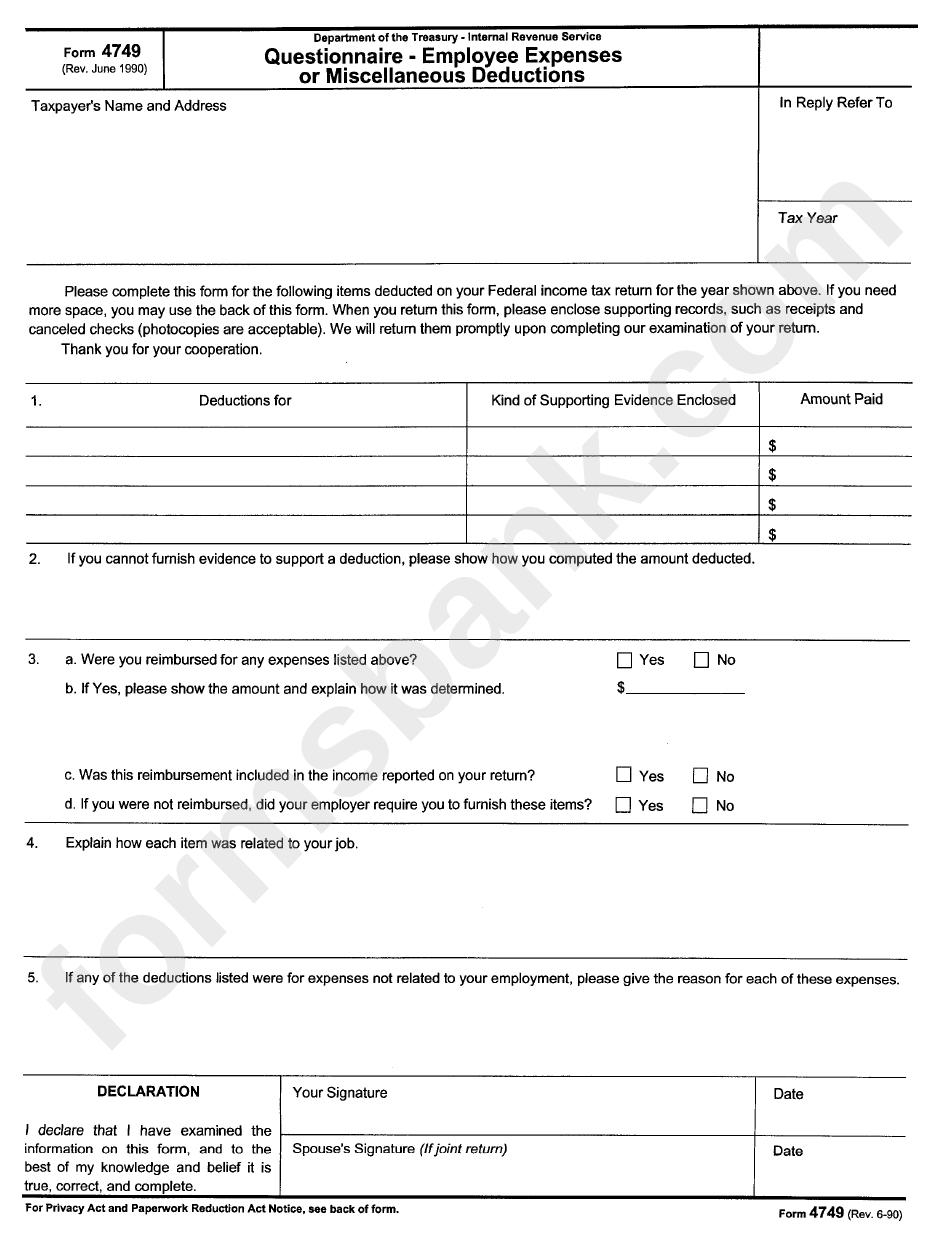 Form 4749 - Employee Expenses Or Miscellaneous Deductions Form - 1990