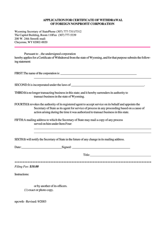 Fillable Application Form For Certificate Of Withdrawal Of Foreign Nonprofit Corporation Printable pdf