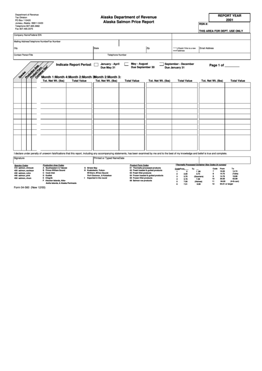 Form 04-560 - Alaska Salmon Price Report - 2001 Printable pdf