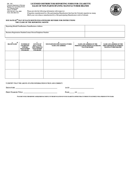 Form Dr 1285 - Licensed Distributor Reporting Form For Cigarette Sales Of Non-Participating Manufacturer Brands Printable pdf