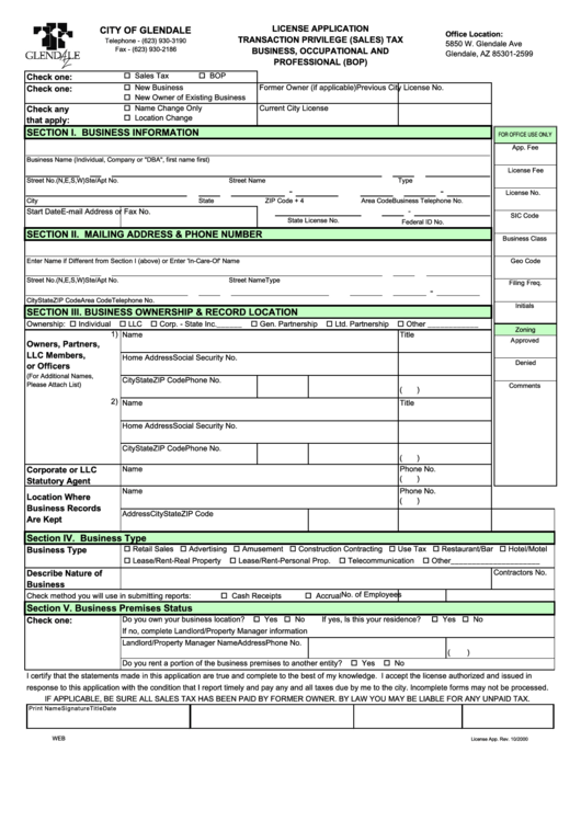 License Application Form For Transaction Privilege (Sales) Tax Business, Occupational And Professional (Bop) Printable pdf