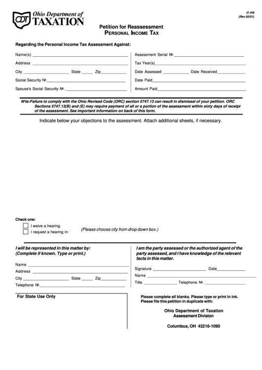 Fillable Form It-Pr - Petition For Reassessment Personal Income Tax - 2001 Printable pdf