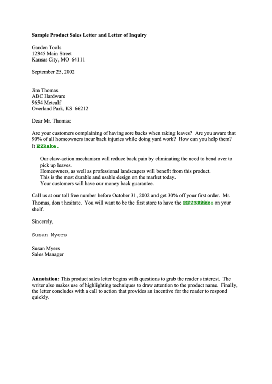 Sample Product Sales Letter And Letter Of Inquiry Printable pdf