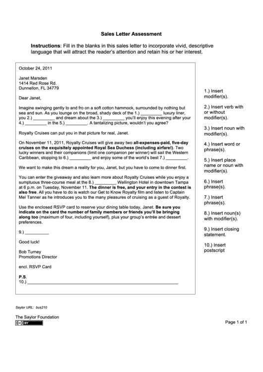Sales Letter Assessment Printable pdf