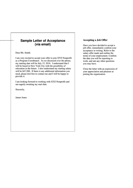 Sample Letter Of Job Acceptance/decline Printable pdf