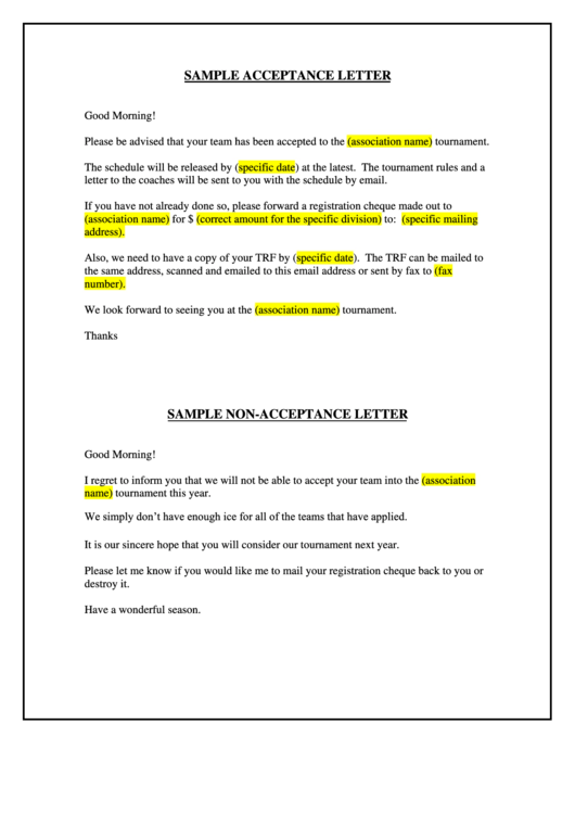 Sample Acceptance/non-Acceptance Letter Printable pdf