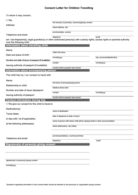 Consent Letter For Children Travelling Printable pdf