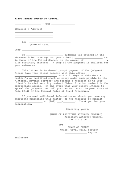First Demand Letter To Counsel Printable pdf